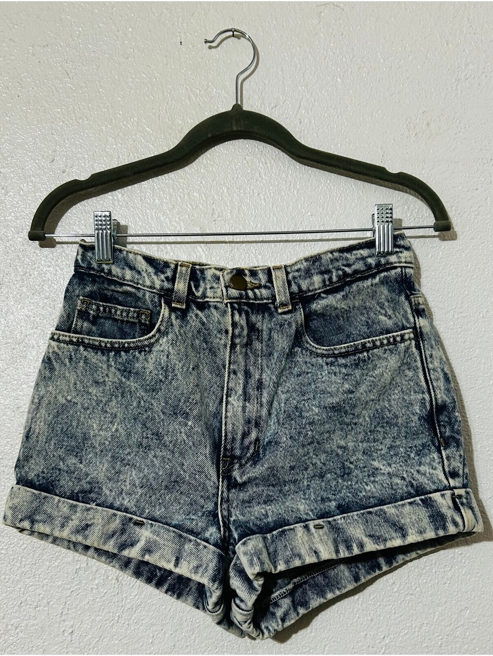 American Apparel Acid Wash Denim Shorts Made in USA High Waisted Cuffed Women 26